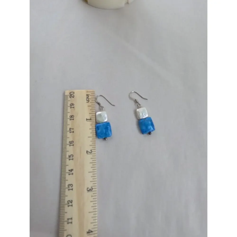 New Sterling Silver Dangle Earrings White Pearl Silver Blue Stone Stamped 925‎